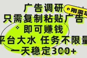 广告调研项目，只需复制粘贴广告即可挣钱，平台大水，任务不限量，一天3张【揭秘】