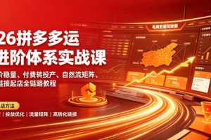 2026拼多多运营进阶体系实战课｜新版拖价稳量、付费转投产、自然流矩阵、高投产链接起店全链路教程