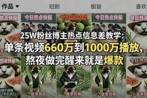 （18803期）25W粉丝博主热点信息差教学：单条视频660万到1000万播放，熬夜做完醒来就是爆款