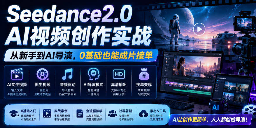 Seedance2.0 AI视频创作实战，从新手到AI导演，0基础也能成片接单变现