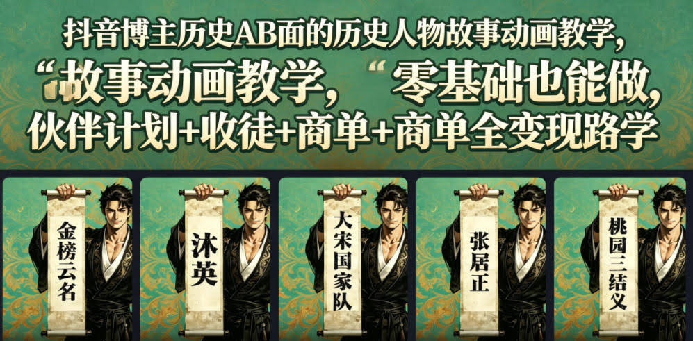 抖音博主历史AB面的历史人物故事动画教学，零基础也能做，伙伴计划+收徒+商单全变现路径教学