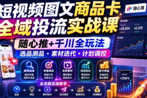 短视频图文商品卡全域投流实战课，随心推+千川全玩法，选品测品・素材迭代・计划调控，提升ROI爆单增收教程