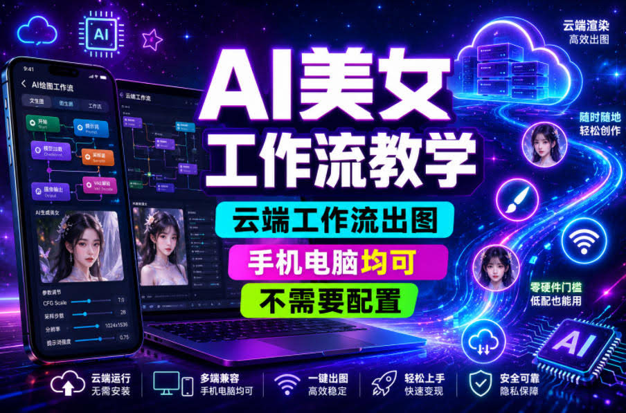 AI美女工作流教学，云端工作流出图，手机电脑均可，不需要配置，快速起号涨粉