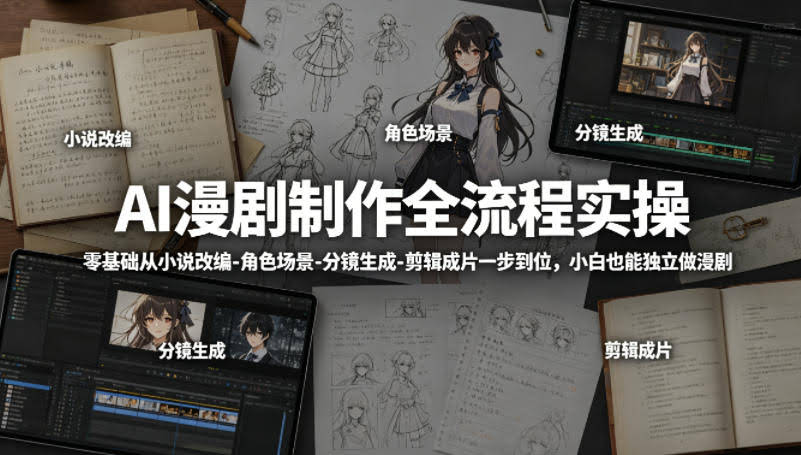 AI漫剧制作全流程实操，零基础从小说改编-角色场景-分镜生成-剪辑成片一步到位，小白也能独立做漫剧
