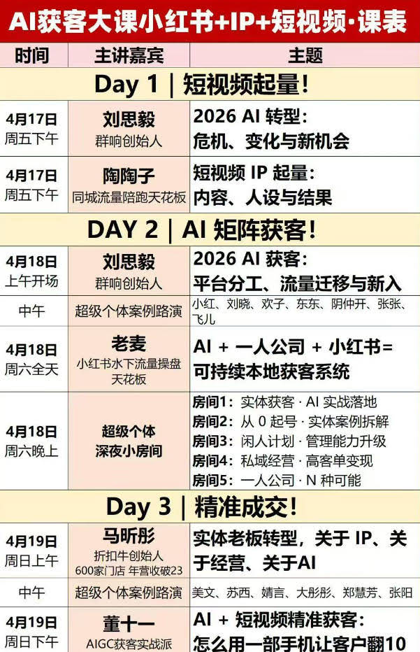 AI获客大课小红书+IP+短视频3天2夜线下课，用最真实的一线案例，最前沿的AI工具，最有效的流量打法