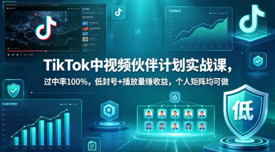 TikTok中视频伙伴计划实战课，过中率100%，低封号+播放量賺收益，个人矩阵均可做