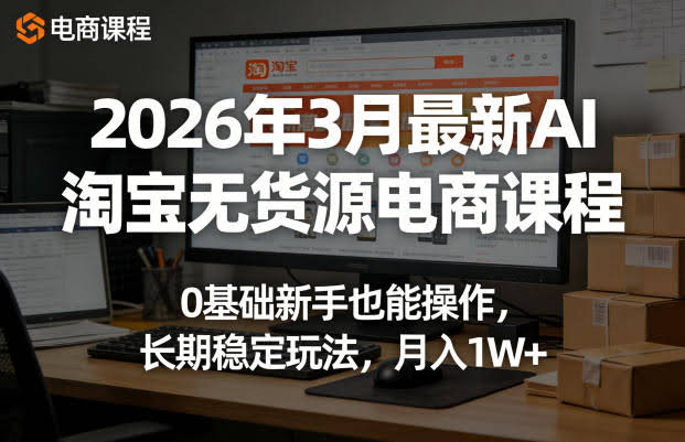 2026年3月最新AI淘宝无货源电商课程，0基础新手也能操作，长期稳定玩法，月入1W+（更新0415）