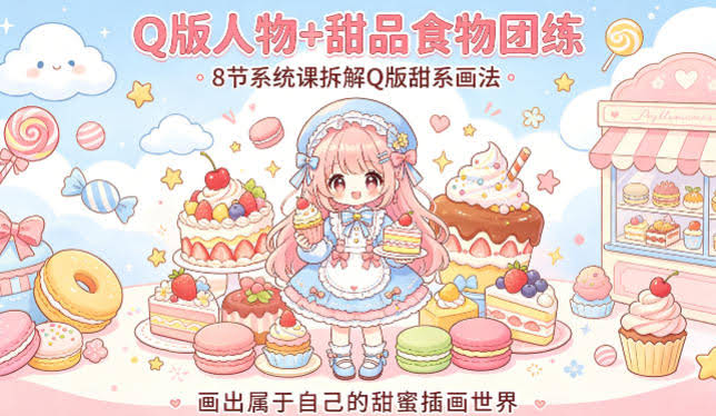 Q版人物+甜品食物团练，8节系统课拆解Q版甜系画法，画出属于自己的甜蜜插画世界