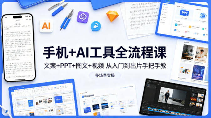手机+AI工具全流程课，文案+PPT+图文+视频，从入门到出片手把手教，多场景实操