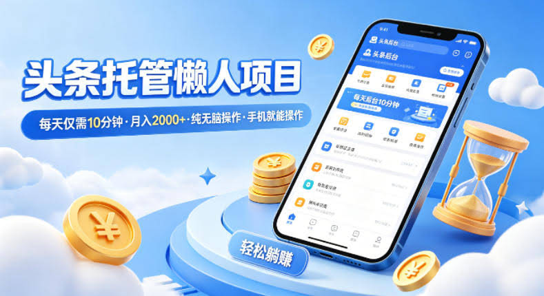 头条托管懒人项目，每天仅需10分钟，月入2000+，纯无脑操作，手机就能操作【揭秘】