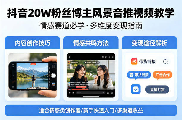 抖音20W粉丝博主风景音推视频教学，情感赛道必学，各种变现途径