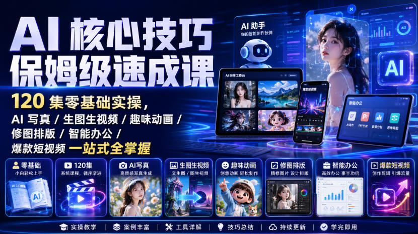 AI核心技巧保姆级速成课｜120集零基础实操，AI写真/生图生视频/趣味动画/修图排版/智能办公/爆款短视频一站式全掌握（更新）