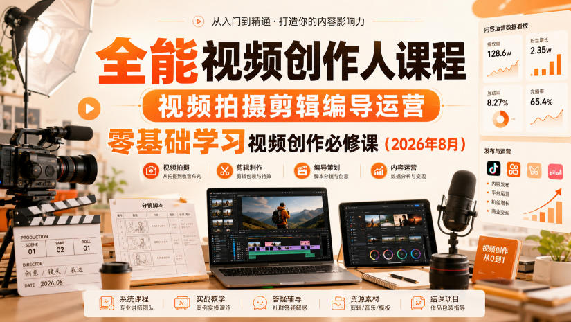 全能视频创作人课程，视频拍摄剪辑编导运营，零基础学习视频创作必修课（2026年8月）