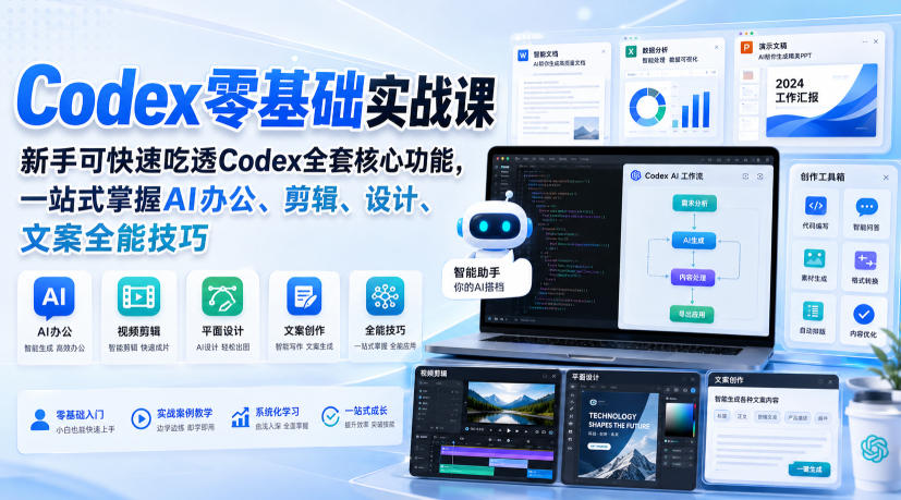 Codex零基础实战课，新手可快速吃透Codex全套核心功能，一站式掌握AI办公、剪辑、设计、文案全能技巧