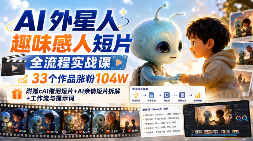 AI外星人趣味感人短片全流程实战课，33个作品涨粉104W，附赠AI催泪短片+AI亲情短片拆解+工作流与提示词