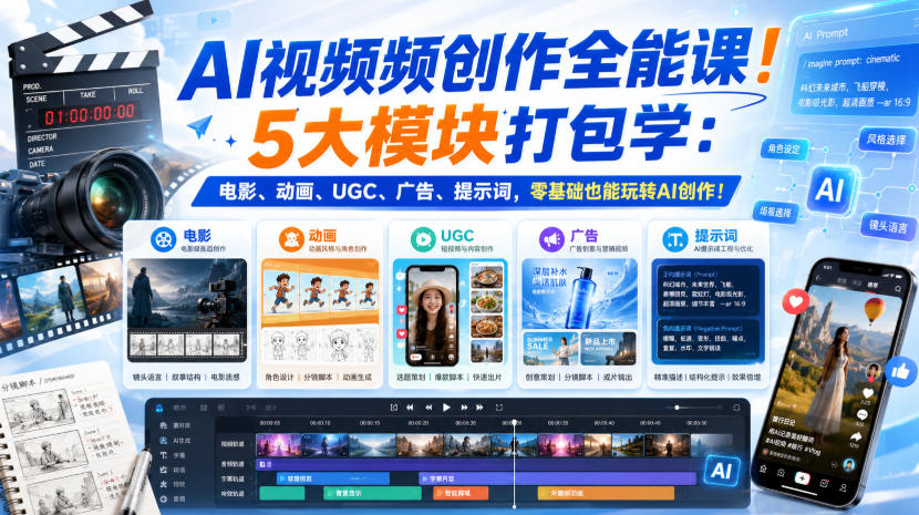 AI视频频创作全能课!5大模块打包学:电影、动画、UGC、广告、提示词,零基础也能玩转AI创作!【原创双语字幕】