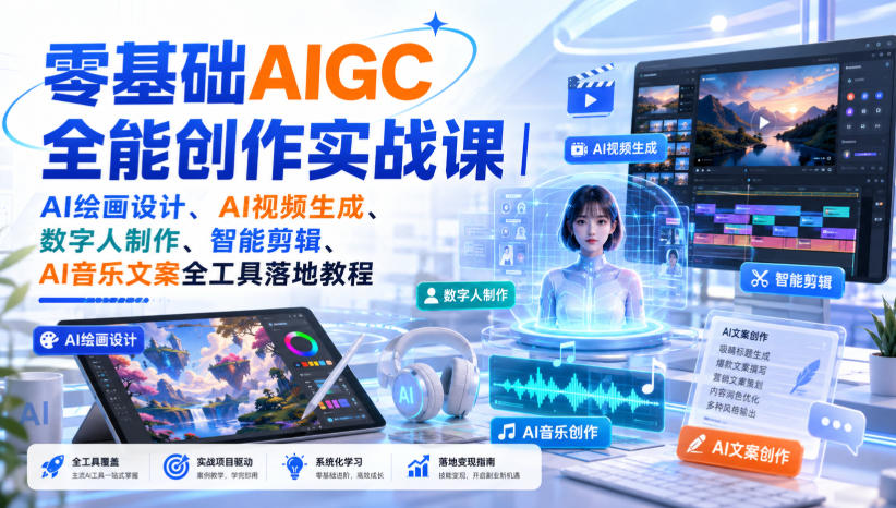 零基础AIGC全能创作实战课｜AI绘画设计、AI视频生成、数字人制作、智能剪辑、AI音乐文案全工具落地教程