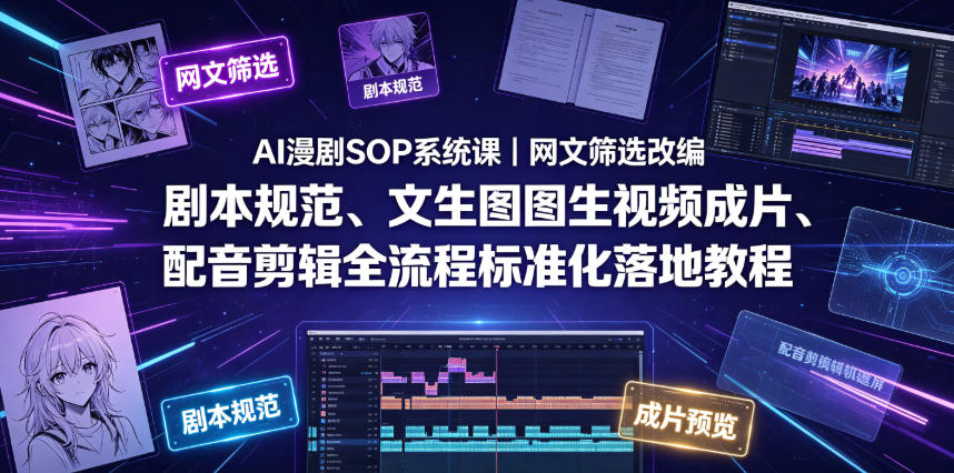 AI漫剧SOP系统课｜网文筛选改编、剧本规范、文生图图生视频成片、配音剪辑全流程标准化落地教程（更新0826）