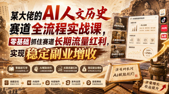 某大佬的AI人文历史赛道全流程实战课，零基础抓住赛道长期流量红利，实现稳定副业增收