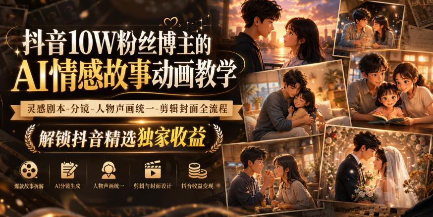 抖音10W粉丝博主的AI情感故事动画教学，灵感剧本‑分镜‑人物声画统一‑剪辑封面全流程，解锁抖音精选独家收益