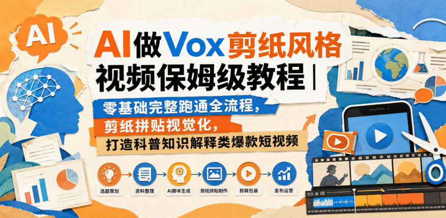 AI做Vox剪纸风格视频保姆级教程｜零基础完整跑通全流程，剪纸拼贴视觉化，打造科普知识解释类爆款短视频