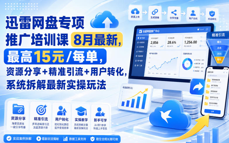 迅雷网盘专项推广培训课8月最新，最高15米/每单，资源分享+精准引流+用户转化，系统拆解最新实操玩法（更新0819）