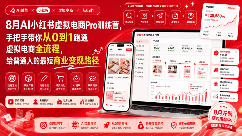 8月AI小红书虚拟电商Pro训练营，手把手带你从0到1跑通虚拟电商全流程，给普通人的最短商业变现路径（更新0903）