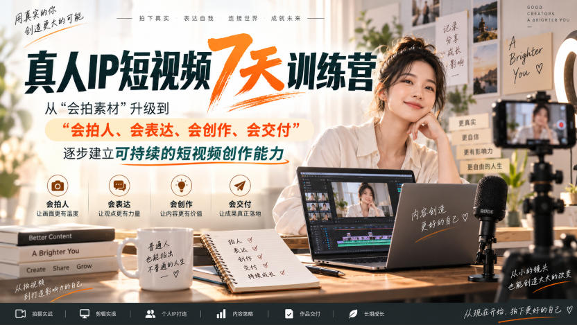 真人IP短视频7天训练营，从“会拍素材”升级到“会拍人、会表达、会创作、会交付”，逐步建立可持续的短视频创作能力