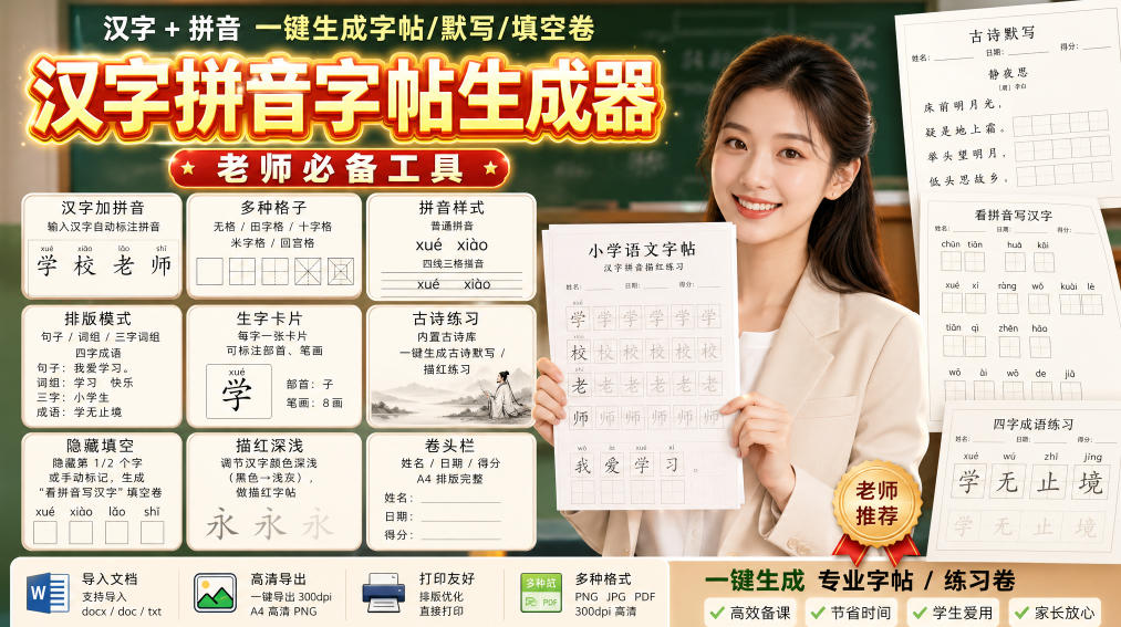 学习神器,汉字拼音字帖生成器,汉字+拼音 一键生成字帖/默写/填空卷,支持词组、成语,老师、家长必备