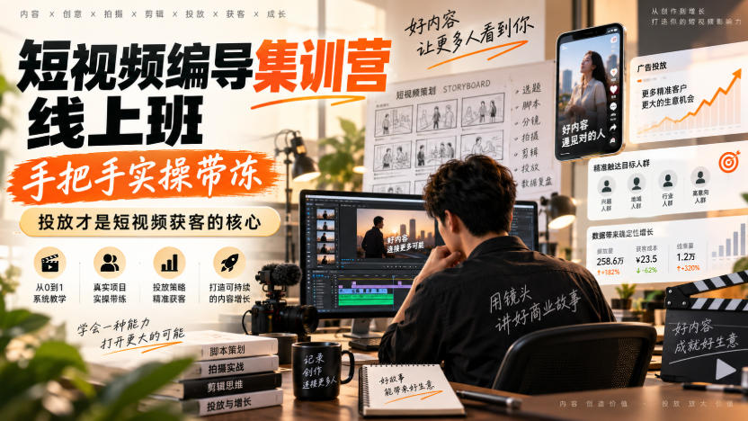 短视频编导集训营线上班，手把手实操带冻，投放才是短视频获客的核心