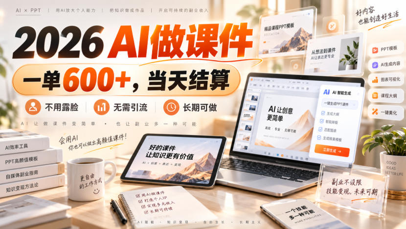 2026 AI做课件，一单600+，当天结算，不用露脸，无需引流，长期可做【揭秘】