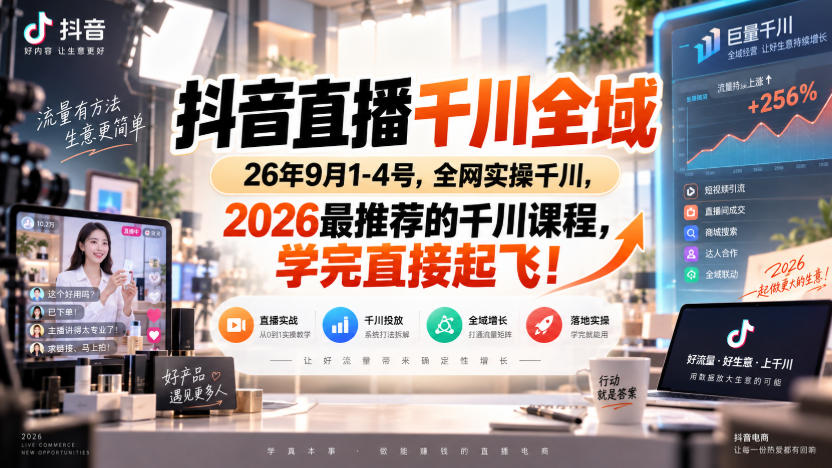 抖音直播千川全域26年9月1-4号，全网实操千川，2026最推荐的千川课程，学完直接起飞！