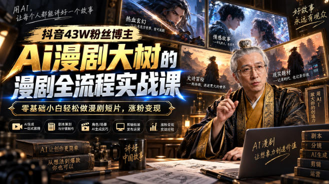 抖音43W粉丝博主Ai漫剧大树的漫剧制作全流程实战课，零基础小白轻松做漫剧短片，涨粉变现