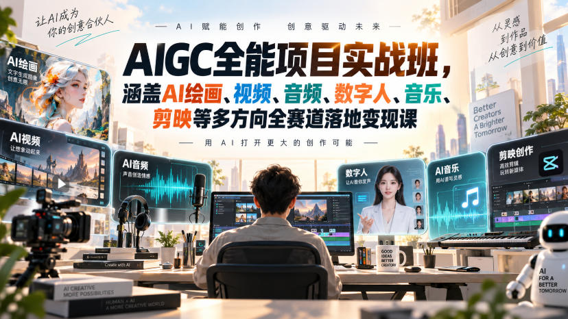 AIGC全能项目实战班，涵盖AI绘画、视频、音频、数字人、音乐、剪映等多方向全赛道落地变现课