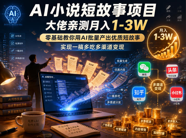 AI小说短故事项目，大佬亲测月入1-3W，零基础教你用AI批量产出优质短故事，实现一稿多吃多渠道变现（更新0910）