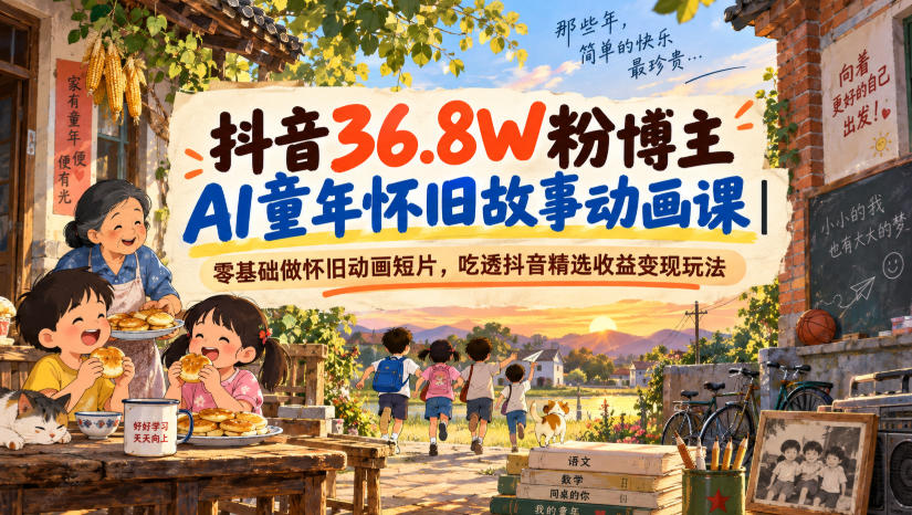 抖音36.8W粉博主AI童年怀旧故事动画课|零基础做怀旧动画短片,吃透抖音精选收益变现玩法