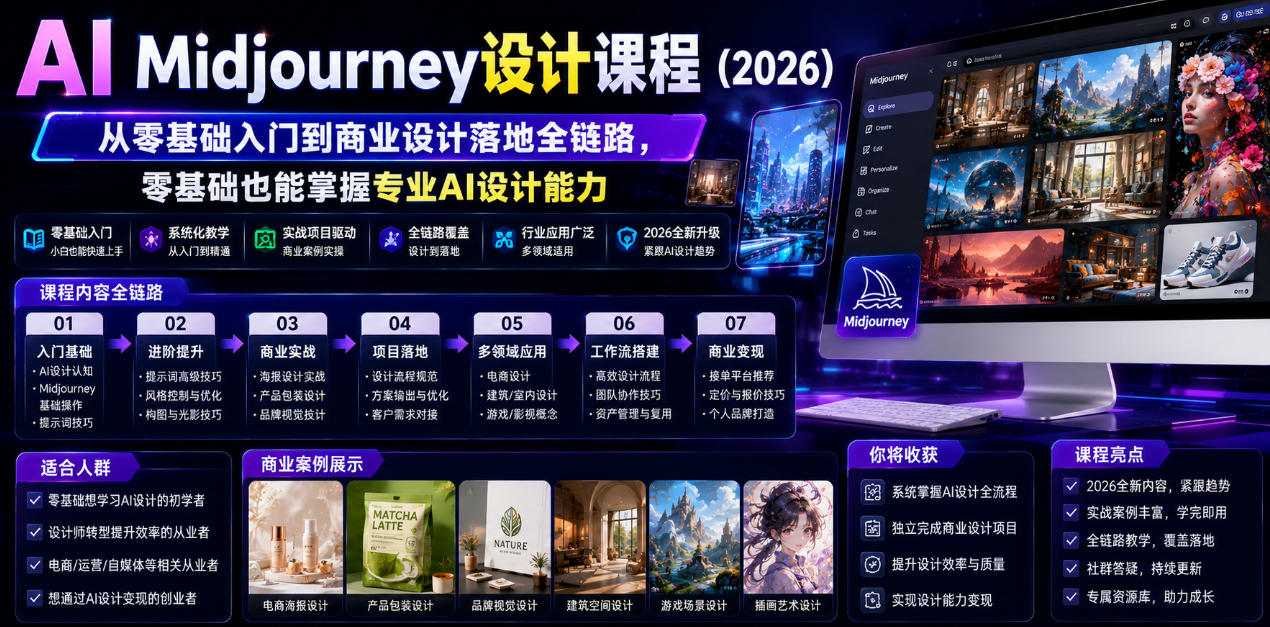 AI Midjourney设计课程(2026),从零基础入门到商业设计落地全链路,零基础也能掌握专业AI设计能力(更新0913)