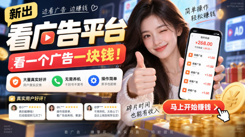 新出看广告平台，看一个广告一块钱，大量真实好评！无需养机、不会黑号，操作简单【揭秘】