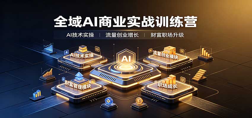 全域AI商业实战训练营：涵盖AI技术实操、流量创业、财富管理与职场成长全体系内容