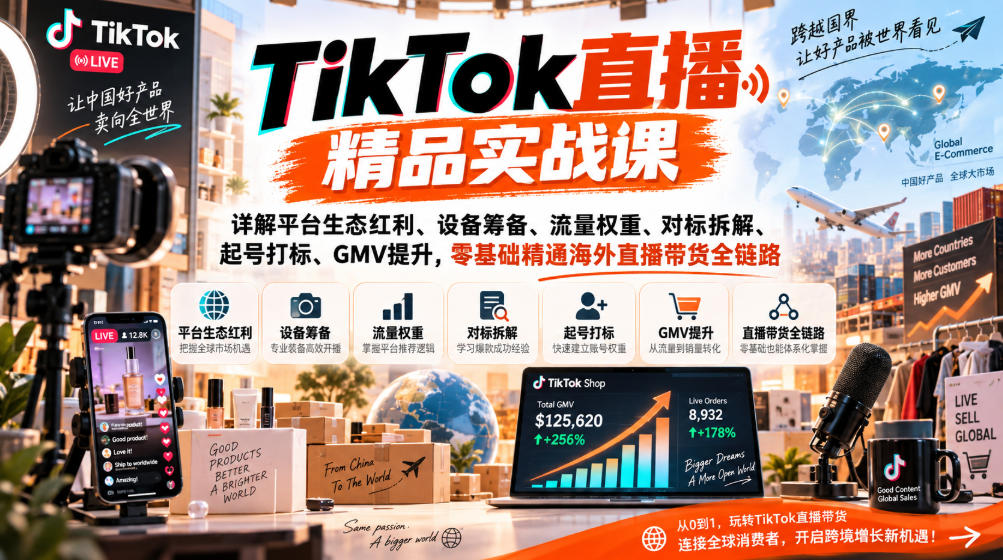 TikTok直播精品实战课，详解平台生态红利、设备筹备、流量权重、对标拆解、起号打标、GMV提升，零基础精通海外直播带货全链路