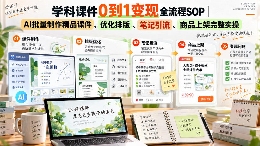 学科课件0到1变现全流程SOP｜AI批量制作精品课件、优化排版、笔记引流、商品上架完整实操​
