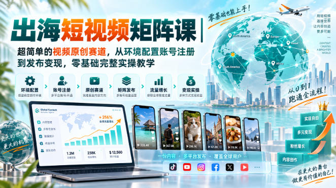 出海短视频矩阵课｜超简单的视频原创赛道，从环境配置账号注册到发布变现，零基础完整实操教学