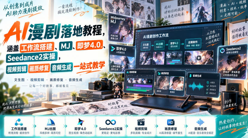 AI漫剧落地教程，涵盖工作流搭建、MJ、即梦4.0、Seedance2实操，视频剪辑画质修复音频生成一站式教学