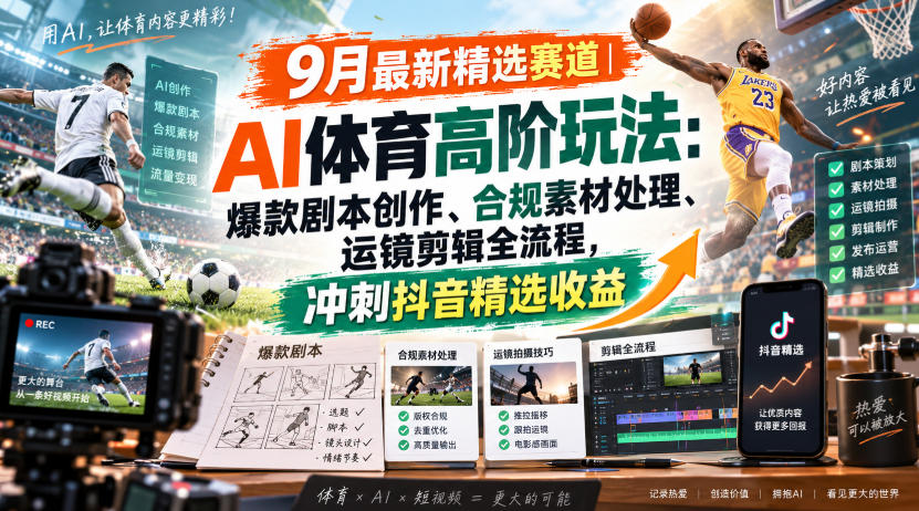 某大佬的9月最新精选赛道之AI体育顶级玩法，爆款剧本创作、版权规避、运镜剪辑全流程，稳拿抖音精选收益