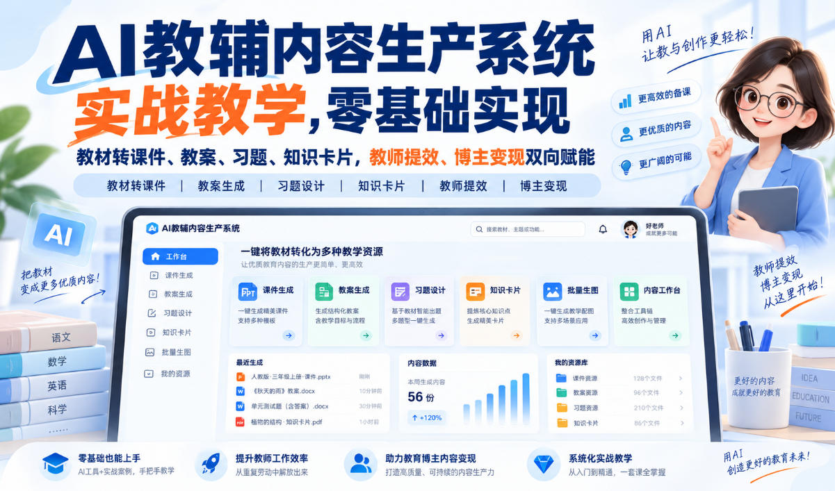 AI教辅内容生产系统实战教学，零基础实现教材转课件、教案、习题、知识卡片，教师提效、博主变现双向赋能