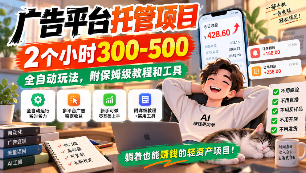 广告平台托管项目，2个小时300-500，全自动玩法，附保姆级教程和工具，小白照着就能做【揭秘】