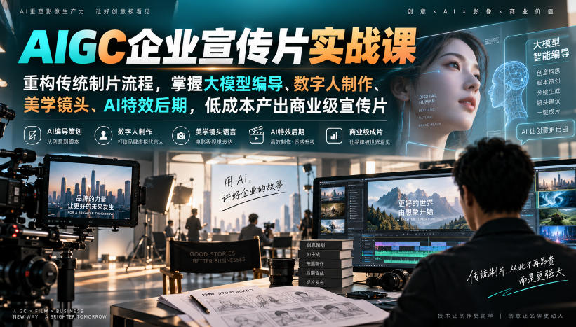 AIGC企业宣传片实战课,重构传统制片流程,掌握大模型编导、数字人制作、美学镜头、AI特效后期,低成本产出商业级宣传片