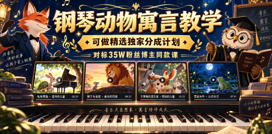 钢琴动物寓言教学,可做精选独家分成计划,对标35W粉丝博主同款课
