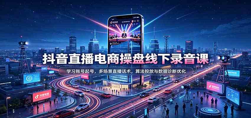 抖音直播电商操盘线下录音课：学习账号起号，多场景直播话术，算法投放与数据诊断优化