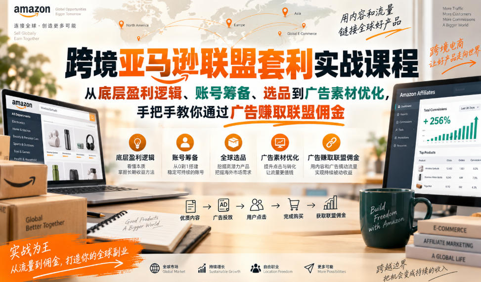 跨境亚马逊联盟套利实战课程，从底层盈利逻辑、账号筹备、选品到广告素材优化，手把手教你通过广告賺取联盟佣金